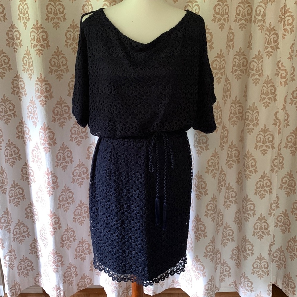 Jessica Howard navy blue crochet belted dress 12